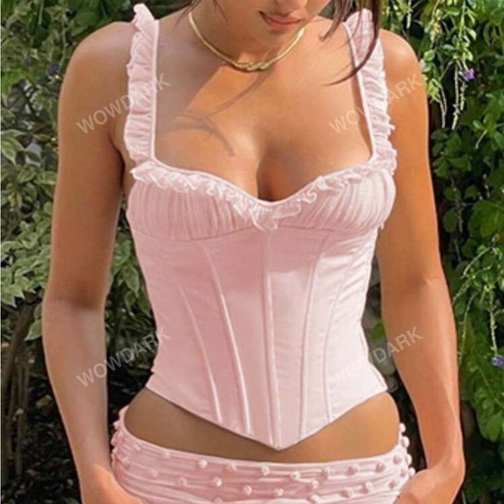 Pink Satin Bra with Ruffle Trim and Sweetheart Neckline